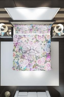 Romantic Skull Couple Duvet Cover Set - Y2K Grunge, 90s Retro, Gothic Pastel Goth Bedding