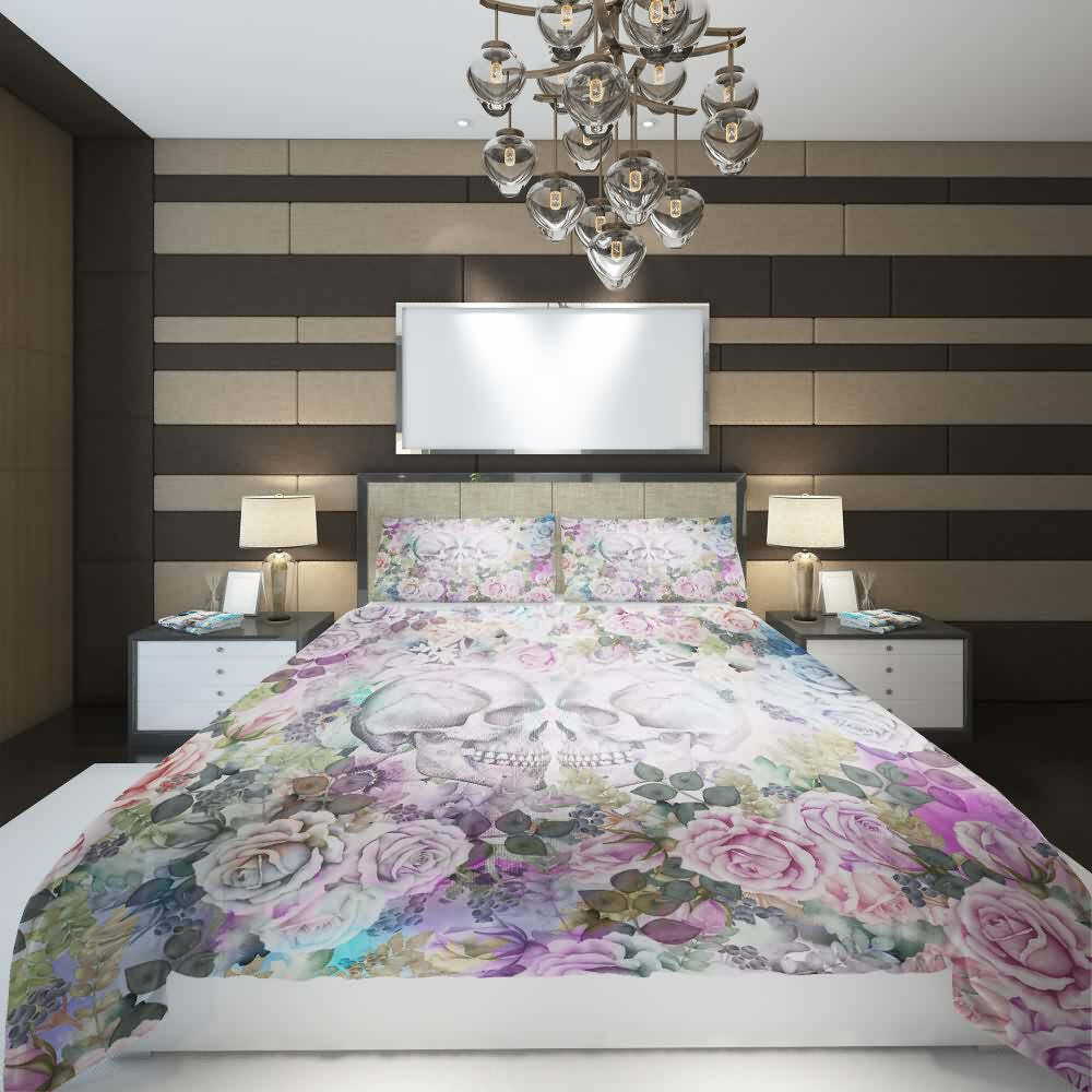 Romantic Skull Couple Duvet Cover Set - Y2K Grunge, 90s Retro, Gothic Pastel Goth Bedding
