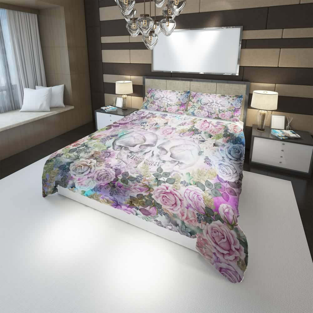 Romantic Skull Couple Duvet Cover Set - Y2K Grunge, 90s Retro, Gothic Pastel Goth Bedding