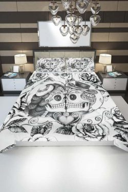 Romantic Y2K Grunge Sugar Skull Couple Duvet Cover Set - 90s Retro Gothic Pastel Goth Style