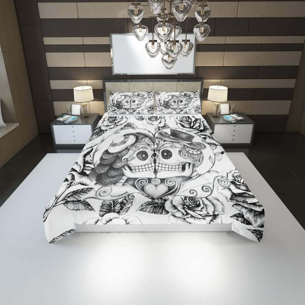 Romantic Y2K Grunge Sugar Skull Couple Duvet Cover Set - 90s Retro Gothic Pastel Goth Style