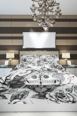 Romantic Y2K Grunge Sugar Skull Couple Duvet Cover Set - 90s Retro Gothic Pastel Goth Style
