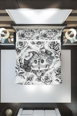 Romantic Y2K Grunge Sugar Skull Couple Duvet Cover Set - 90s Retro Gothic Pastel Goth Style