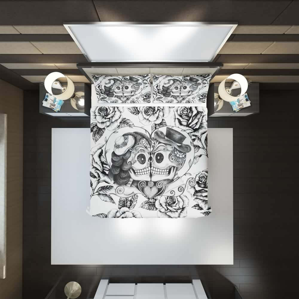 Romantic Y2K Grunge Sugar Skull Couple Duvet Cover Set - 90s Retro Gothic Pastel Goth Style