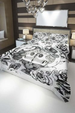 Romantic Y2K Grunge Sugar Skull Couple Duvet Cover Set - 90s Retro Gothic Pastel Goth Style