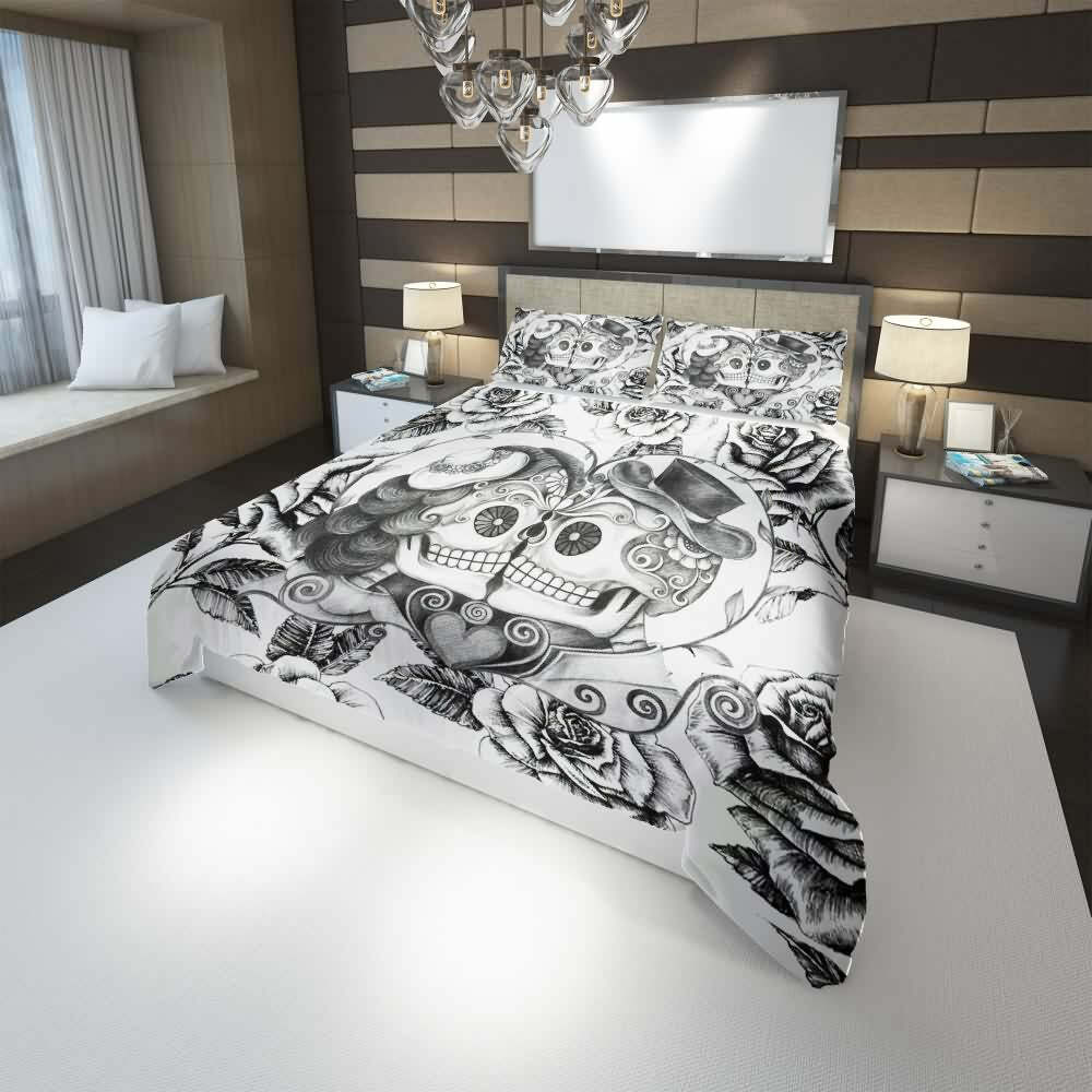 Romantic Y2K Grunge Sugar Skull Couple Duvet Cover Set - 90s Retro Gothic Pastel Goth Style