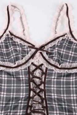 Roxana Plaid Lace Top - Y2K Summer Grunge, 90s Retro, Pastel Goth, Y2K Party Outfit