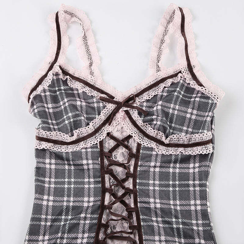 Roxana Plaid Lace Top - Y2K Summer Grunge, 90s Retro, Pastel Goth, Y2K Party Outfit