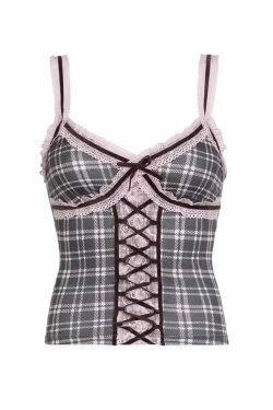 Roxana Plaid Lace Top - Y2K Summer Grunge, 90s Retro, Pastel Goth, Y2K Party Outfit