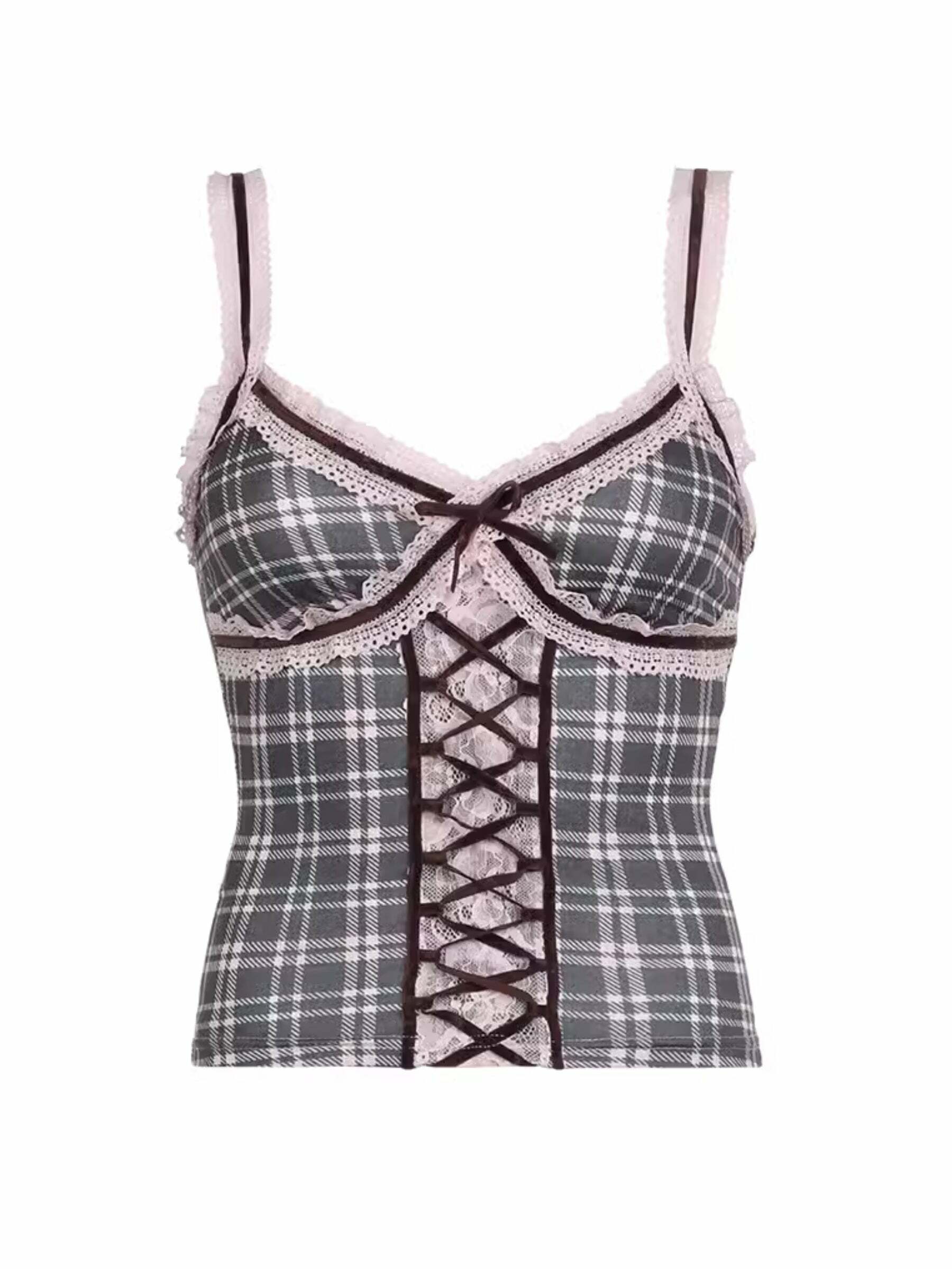 Roxana Plaid Lace Top - Y2K Summer Grunge, 90s Retro, Pastel Goth, Y2K Party Outfit