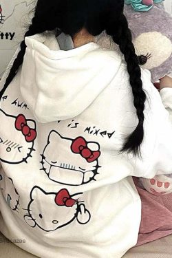 Sanriocore Flustered Kitty Hoodie Kawaii - Y2K Grunge, 90s Fashion, Retro Summer Outfit