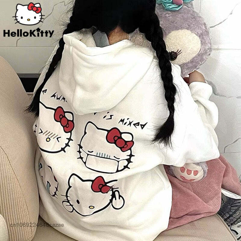 Sanriocore Flustered Kitty Hoodie Kawaii - Y2K Grunge, 90s Fashion, Retro Summer Outfit