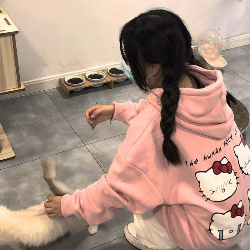 Sanriocore Flustered Kitty Hoodie Kawaii - Y2K Grunge, 90s Fashion, Retro Summer Outfit