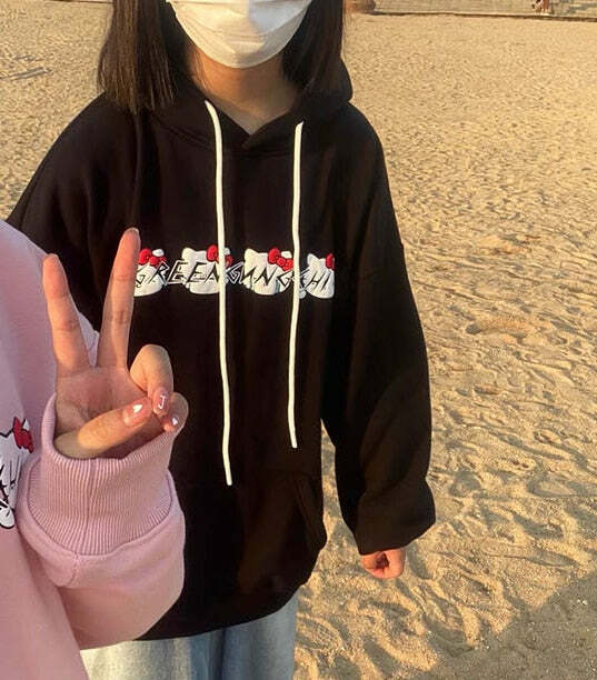 Sanriocore Flustered Kitty Hoodie Kawaii - Y2K Grunge, 90s Fashion, Retro Summer Outfit