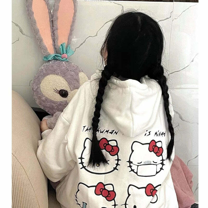 Sanriocore Flustered Kitty Hoodie Kawaii - Y2K Grunge, 90s Fashion, Retro Summer Outfit
