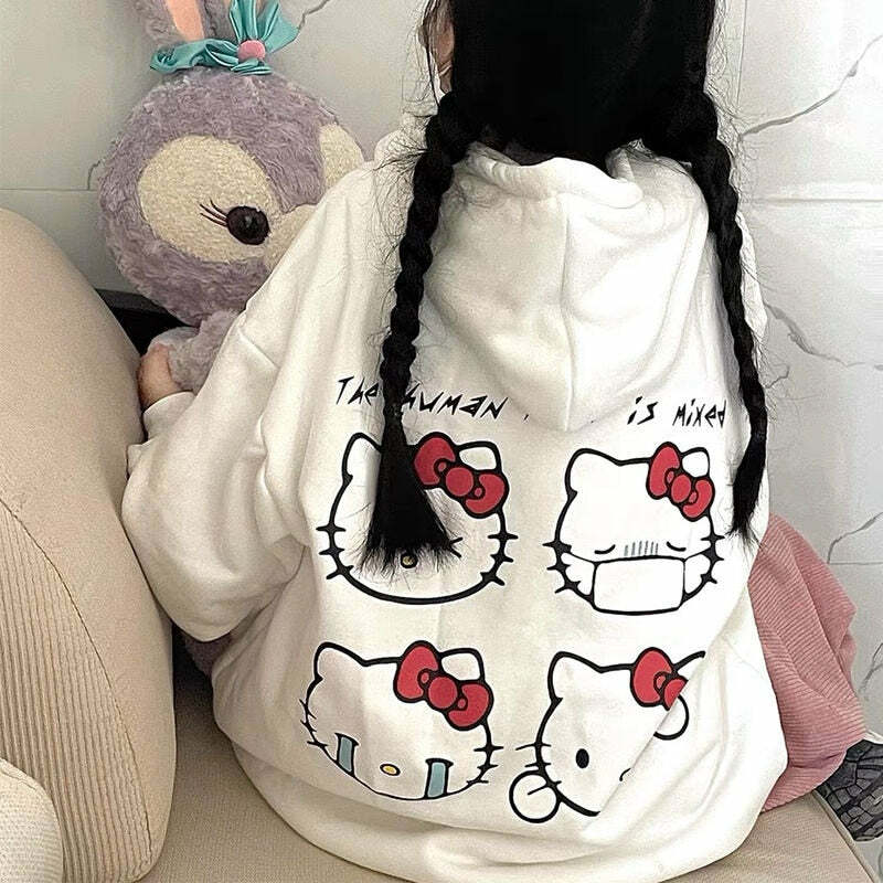 Sanriocore Flustered Kitty Hoodie Kawaii - Y2K Grunge, 90s Fashion, Retro Summer Outfit