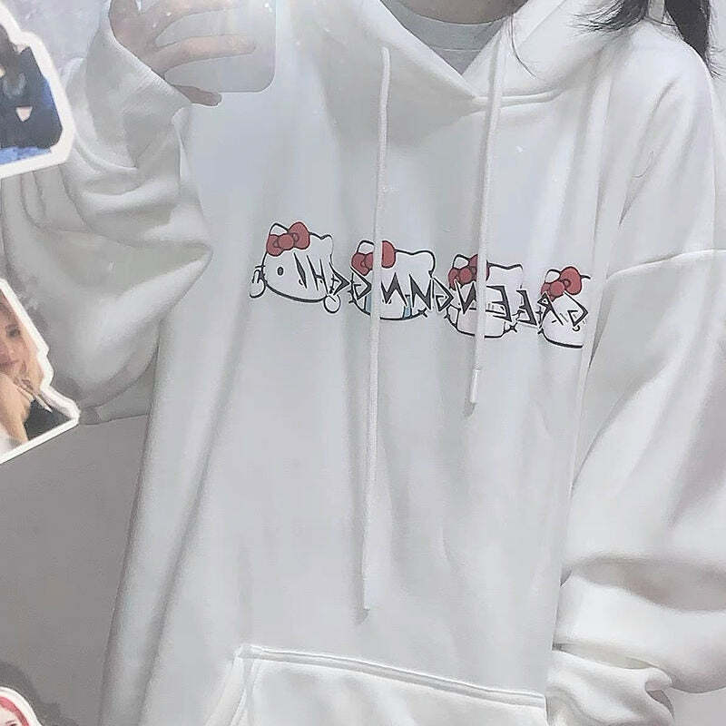 Sanriocore Flustered Kitty Hoodie Kawaii - Y2K Grunge, 90s Fashion, Retro Summer Outfit