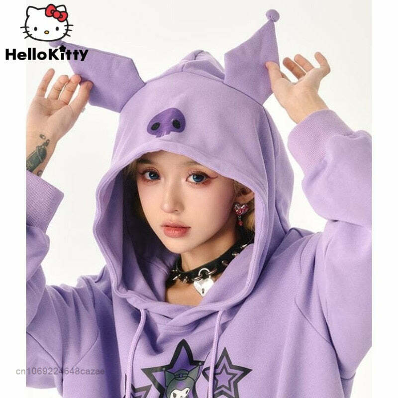 Sanriocore Kuromi Little Devil Hoodie Sweatshirt - Y2K Grunge, 90s Fashion, Retro Goth Style