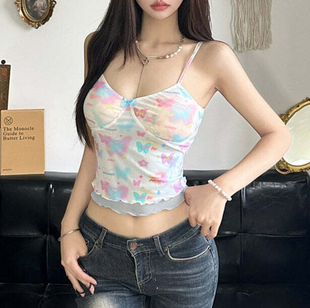 Seren Butterfly Print Tank Top - Y2K Summer, 90s Grunge, Retro Style, Y2K Party & Club Outfits