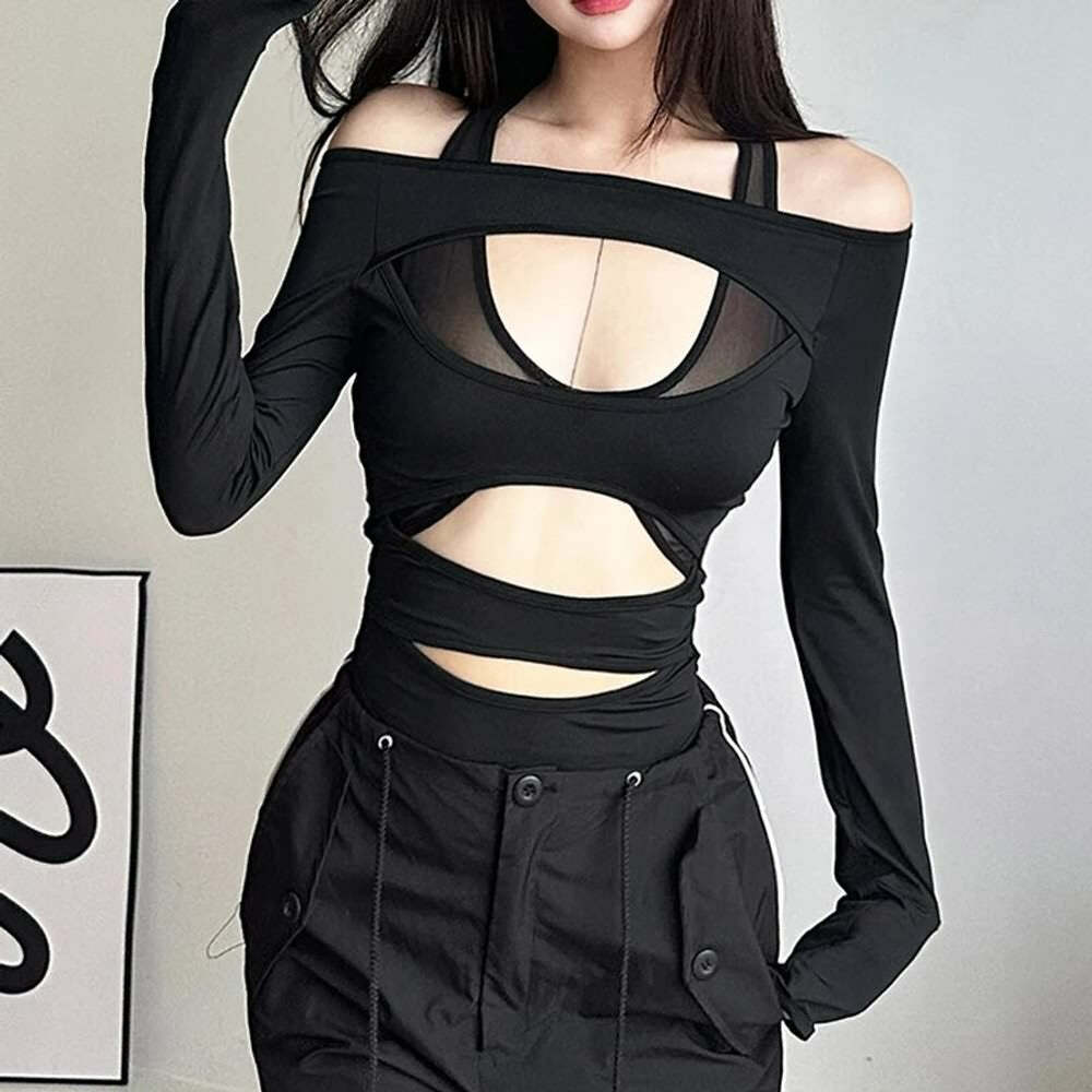 Sexy Gothic Cut Out Long Sleeve Bodysuit - Y2K Grunge, 90s Fashion, Retro Summer Outfit