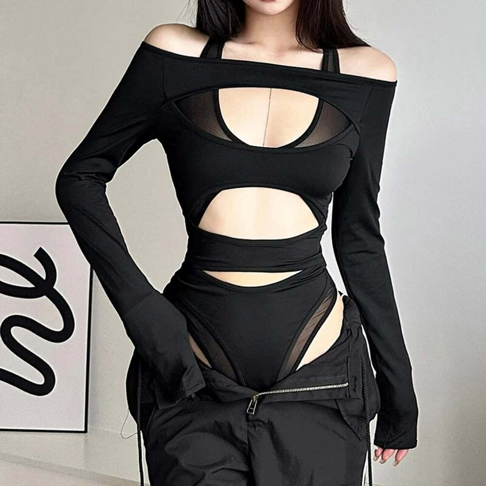 Sexy Gothic Cut Out Long Sleeve Bodysuit - Y2K Grunge, 90s Fashion, Retro Summer Outfit
