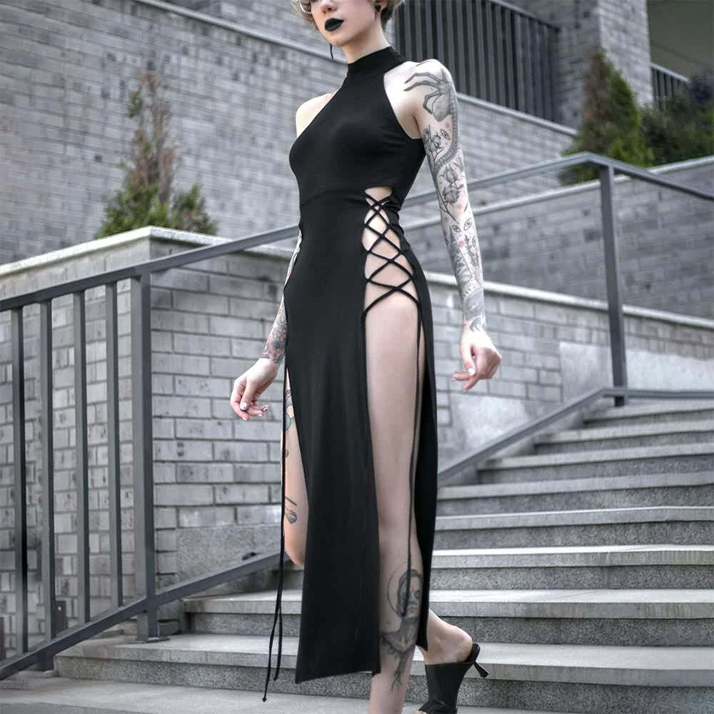 Sexy Gothic Halter High Slit Dress - Y2K Summer Grunge, 90s Retro, Party & Club Outfits