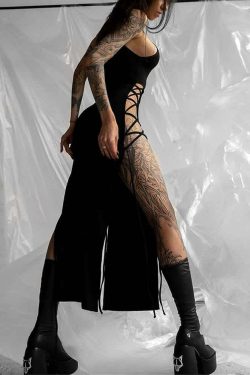 Sexy Gothic Halter High Slit Dress - Y2K Summer Grunge, 90s Retro, Party & Club Outfits