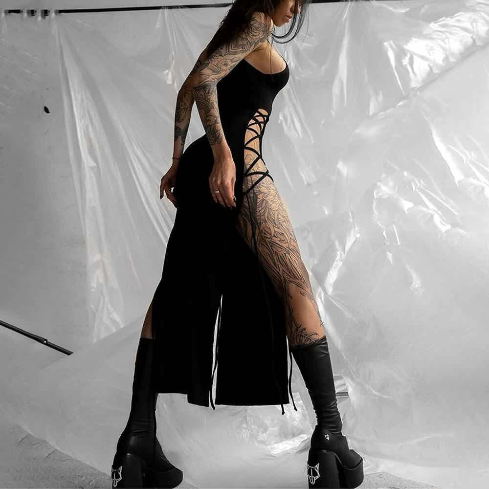 Sexy Gothic Halter High Slit Dress - Y2K Summer Grunge, 90s Retro, Party & Club Outfits