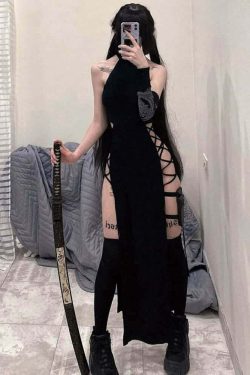 Sexy Gothic Halter High Slit Dress - Y2K Summer Grunge, 90s Retro, Party & Club Outfits