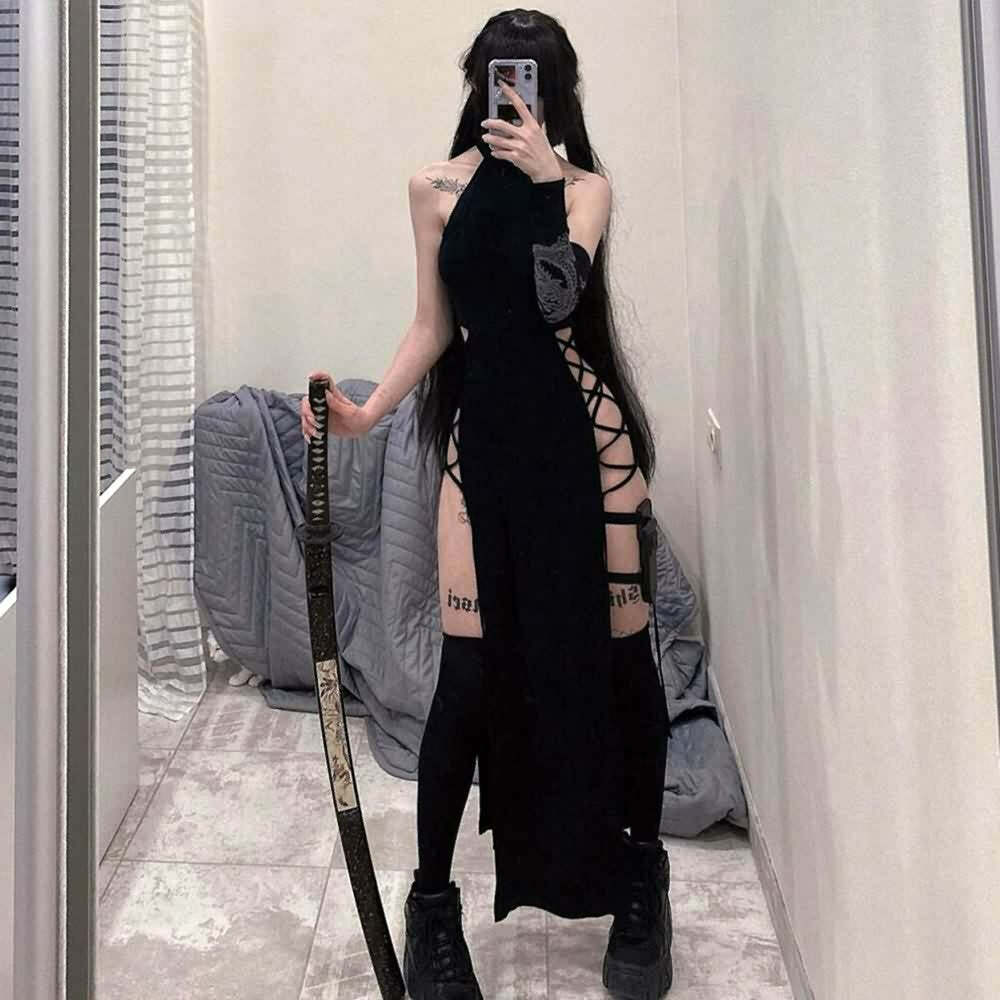 Sexy Gothic Halter High Slit Dress - Y2K Summer Grunge, 90s Retro, Party & Club Outfits