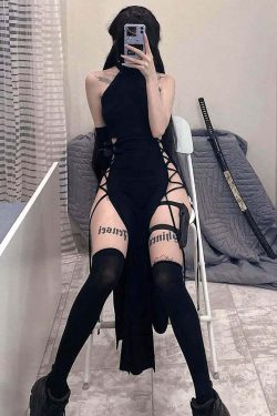 Sexy Gothic Halter High Slit Dress - Y2K Summer Grunge, 90s Retro, Party & Club Outfits
