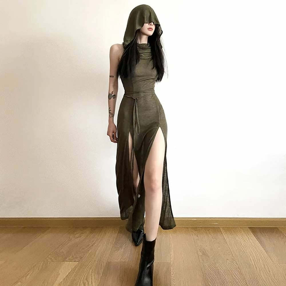Sexy Gothic Witch Cut Out Back Slit Dress - Y2K Grunge, 90s Fashion, Retro Summer Outfit