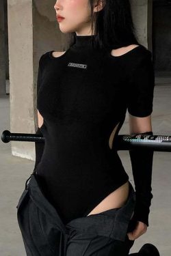 Sexy Gothic Y2K Cut Out Bodysuit with Gloves - Perfect for 90s Grunge and Retro Summer Outfits
