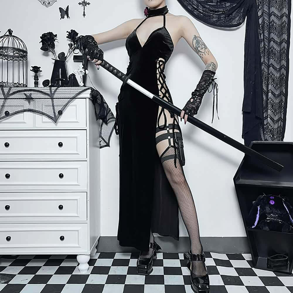 Sexy Gothic Y2K Halter Lace-Up High Slit Dress - Perfect for 90s Grunge and Summer Party Outfits