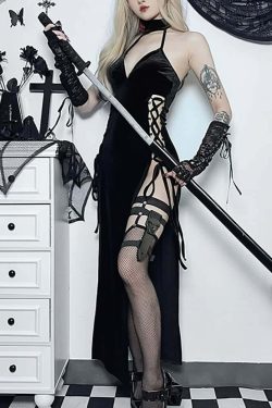 Sexy Gothic Y2K Halter Lace-Up High Slit Dress - Perfect for 90s Grunge and Summer Party Outfits