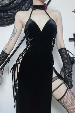 Sexy Gothic Y2K Halter Lace-Up High Slit Dress - Perfect for 90s Grunge and Summer Party Outfits