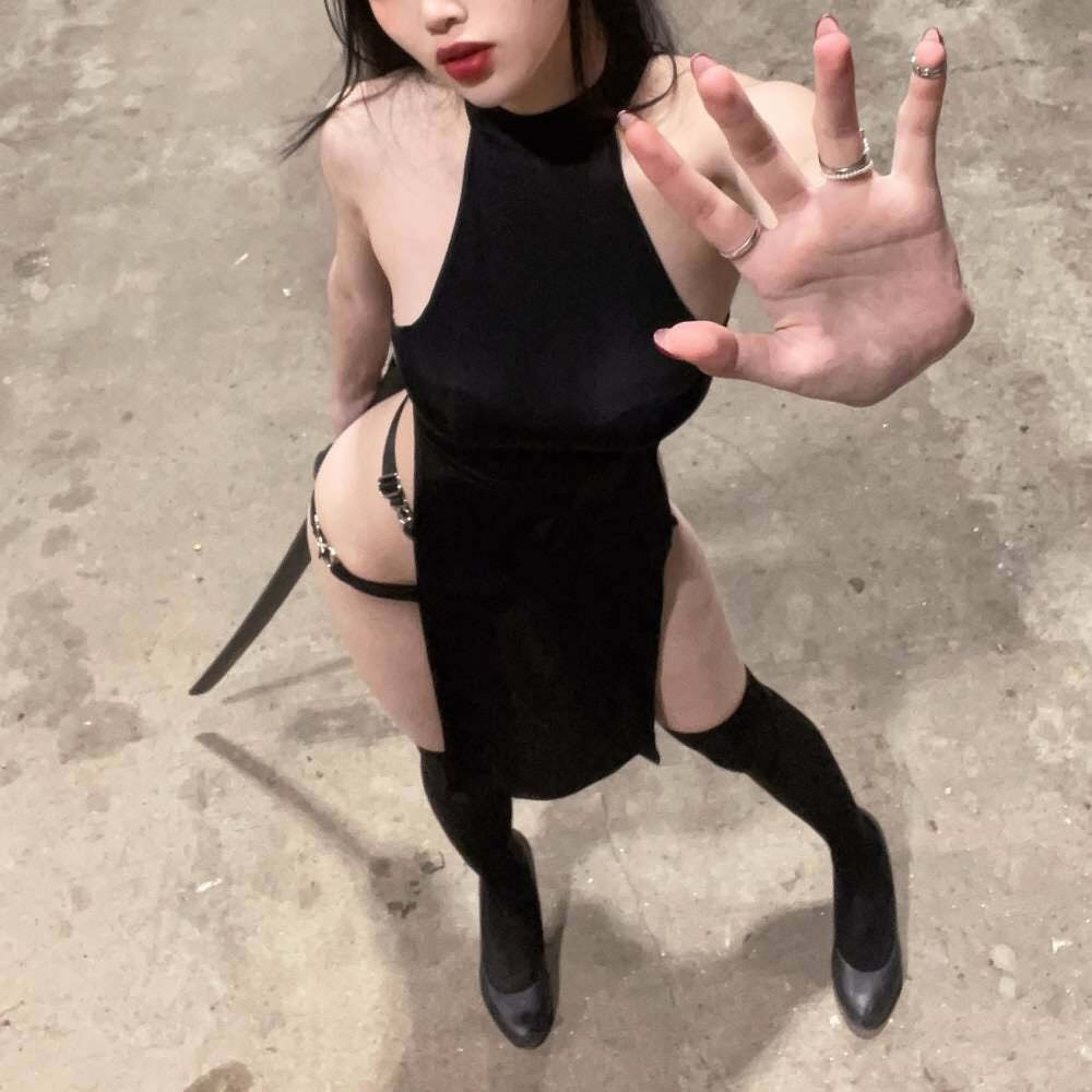 Sexy Gothic Y2K Sleeveless High Slit Mini Dress - Perfect for 90s Grunge and Summer Party Outfits