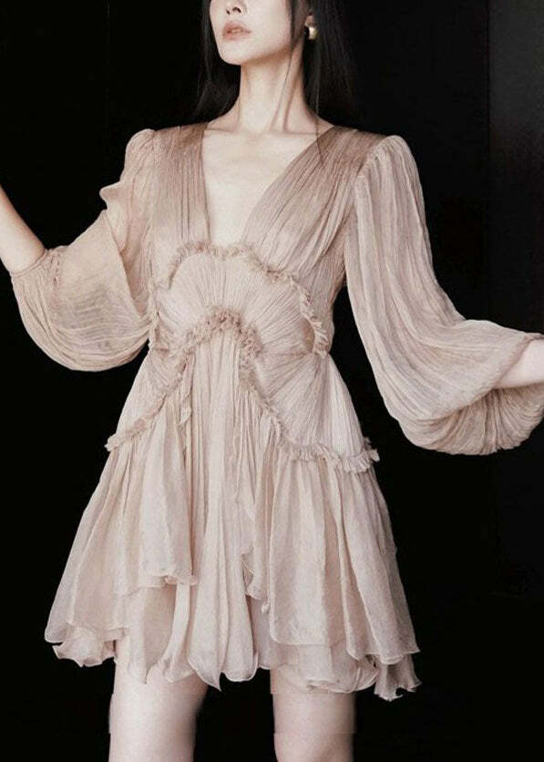 Sexy Pink Ruffled Lace-Up Chiffon Mid Dress - Y2K Summer, 90s Grunge, Retro Party Outfit