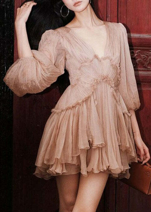 Sexy Pink Ruffled Lace-Up Chiffon Mid Dress - Y2K Summer, 90s Grunge, Retro Party Outfit