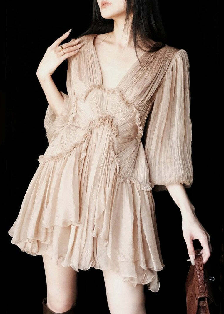 Sexy Pink Ruffled Lace-Up Chiffon Mid Dress - Y2K Summer, 90s Grunge, Retro Party Outfit
