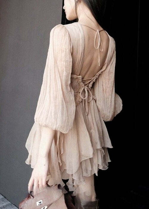 Sexy Pink Ruffled Lace-Up Chiffon Mid Dress - Y2K Summer, 90s Grunge, Retro Party Outfit