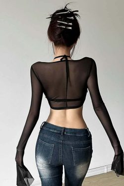Sexy Y2K Goth Mesh Long Sleeve Crop Top - 90s Grunge, Retro Summer, Party & Club Outfits