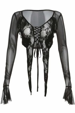 Sexy Y2K Goth Mesh Long Sleeve Crop Top - 90s Grunge, Retro Summer, Party & Club Outfits