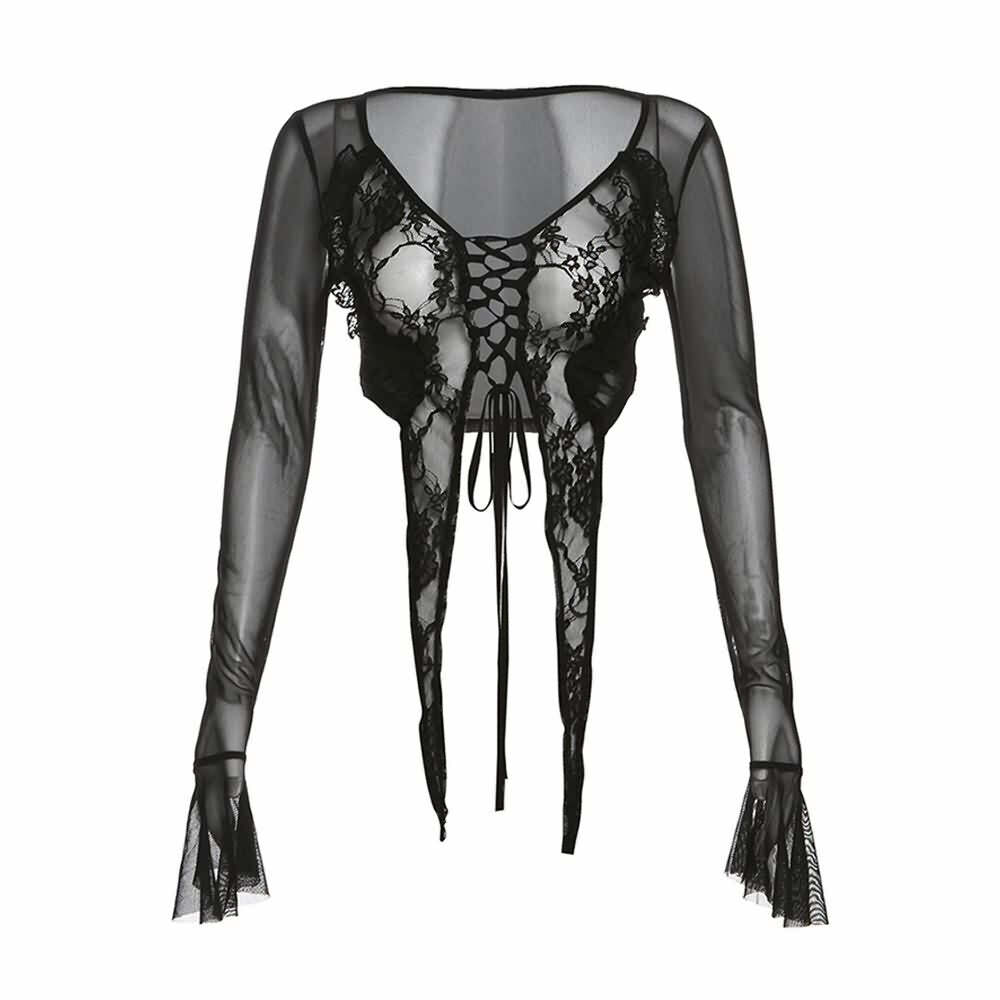 Sexy Y2K Goth Mesh Long Sleeve Crop Top - 90s Grunge, Retro Summer, Party & Club Outfits