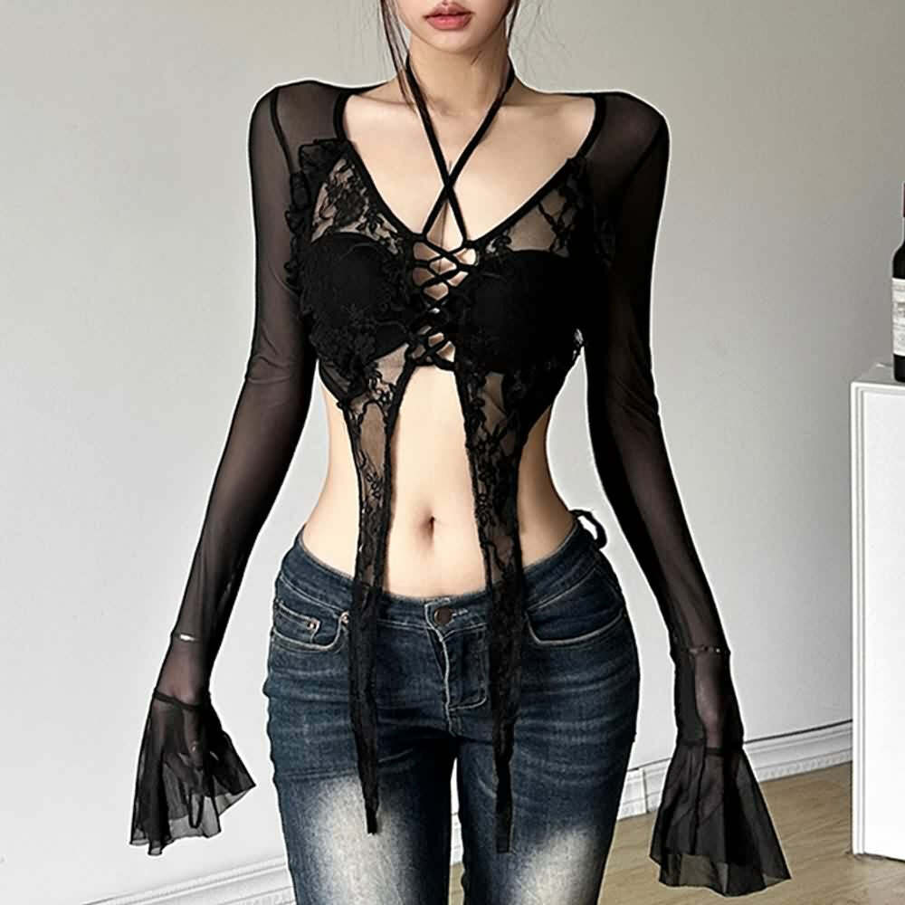 Sexy Y2K Goth Mesh Long Sleeve Crop Top - 90s Grunge, Retro Summer, Party & Club Outfits