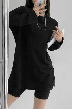 She Is The One Y2K Grunge Side Slit Long Sleeved Shirt - 90s Retro Summer Fashion