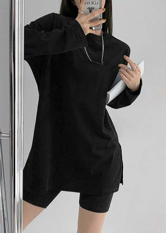 She Is The One Y2K Grunge Side Slit Long Sleeved Shirt - 90s Retro Summer Fashion