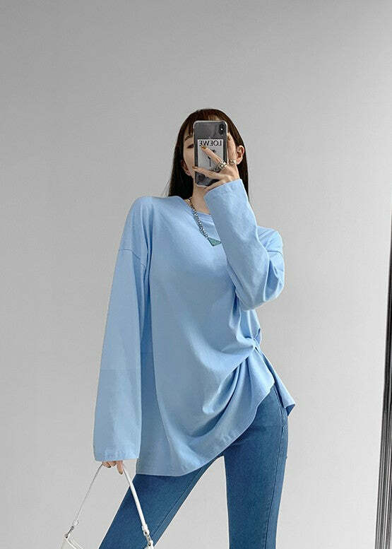 She Is The One Y2K Grunge Side Slit Long Sleeved Shirt - 90s Retro Summer Fashion