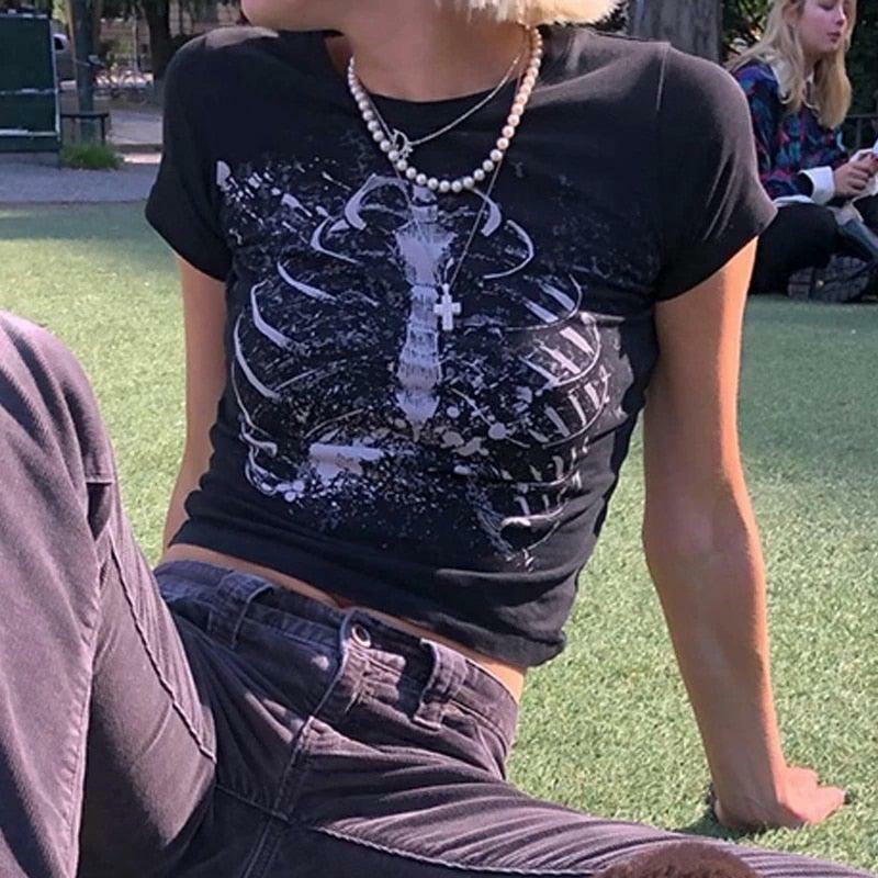 Sheila Skeleton Crop Top - Y2K Summer Grunge, 90s Retro, Gothic Y2K, Pastel Goth, Y2K