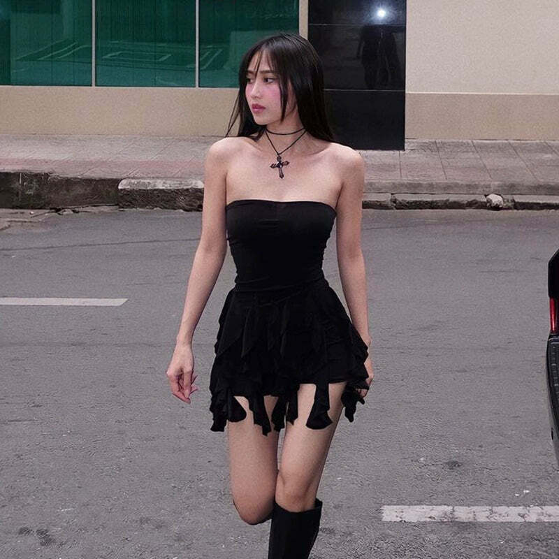 Sheily Strapless Ruffle Dress - Y2K Summer, 90s Fashion, Grunge, Retro, Pastel Goth Outfits